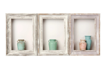 Three Framed Vases on Shelf. On a White or Clear Surface PNG Transparent Background.