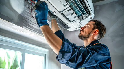 A man in work clothes is focused on repairing an air conditioner unit, surrounded by tools and equipment