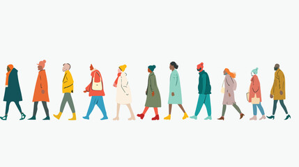Drawn people march along flat vector isolated on white