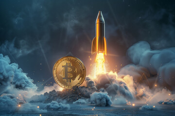 A rocket rises from the ground, surrounded by smoke and light rays. In front of it is an oversized bitcoin coin. Behold the spectacle of a rocket ascending into the stratosphere, its powerful engines 