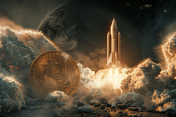 A rocket rises from the ground, surrounded by smoke and light rays. In front of it is an oversized bitcoin coin. In this electrifying image, a rocket launches skyward from the ground, enveloped in bil