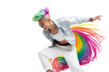 Non-binary person with rainbow hair Wear shiny jewelry. Dancing freely ,Isolated on a transparent background.