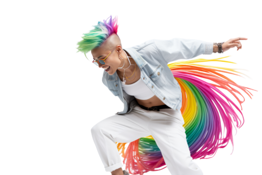 Non-binary person with rainbow hair Wear shiny jewelry. Dancing freely ,Isolated on a transparent background.