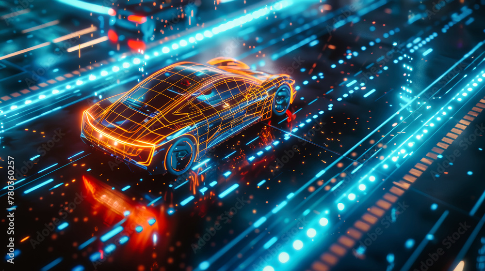 Poster an electric car navigates through a complex maze of swirling lines in a dynamic and artistic 3d illu