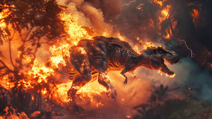 A large prehistoric dinosaur standing in front of a blazing fire, showcasing its immense size and...