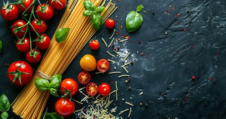 A bunch of spaghetti, cherry tomatoes on the side, coconut flakes and some greens on top.