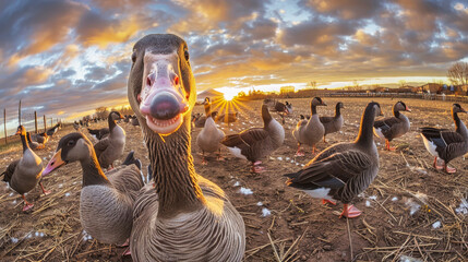 A group of ducks are standing on top of a dry grass field - obrazy, fototapety, plakaty