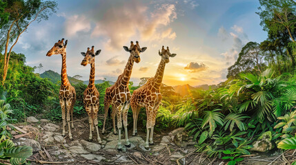 A group of elegant giraffes standing side by side, showcasing their long necks and unique spots in...