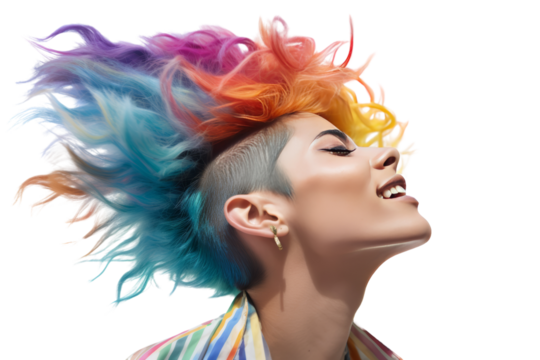 Non-binary person with rainbow hair Wear shiny jewelry. Dancing freely ,Isolated on a transparent background.