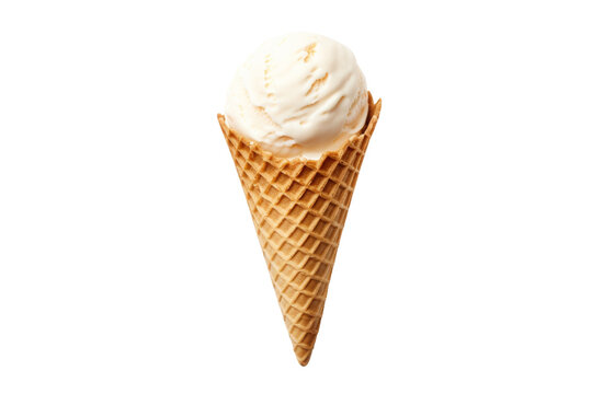 Scoop of Ice Cream in Waffle Cone. On a White or Clear Surface PNG Transparent Background.