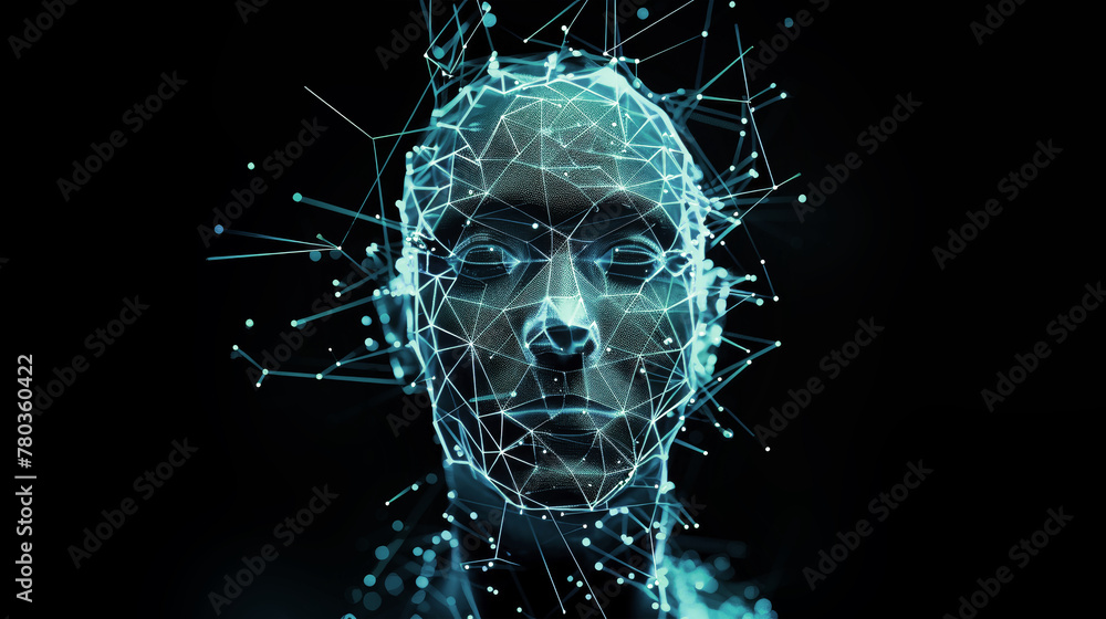Poster a mans face adorned with intricate lines and dots, forming a captivating and mysterious mosaic of st