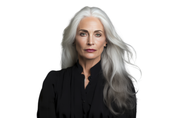 Non-binary person with long white hair wearing a black evening dress,Isolated on a transparent background.