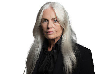 Non-binary person with long white hair wearing a black evening dress,Isolated on a transparent background.