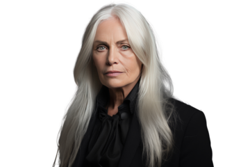 Non-binary person with long white hair wearing a black evening dress,Isolated on a transparent background.