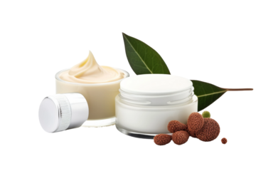 Cream Jar With Nuts and Leaves. On a White or Clear Surface PNG Transparent Background.