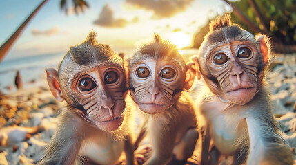 A group of monkeys stands on top of a dirt field