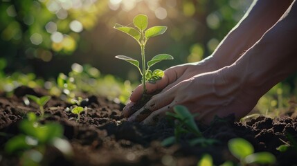 A nurturing hand gently supports a young plant in rich soil, illustrating care and environmental responsibility in a natural setting.