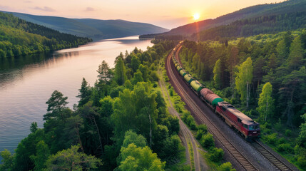 A train travels along the tracks cutting through a dense, green forest filled with tall trees and lush vegetation
