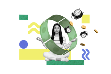 Creative collage picture of mini black white colors girl meditate flying bell ring clock money coins bills isolated on painted background