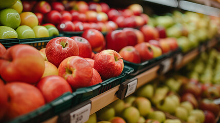 A closeup shot of fruit displays in grocery stores, featuring rows and columns filled with green...