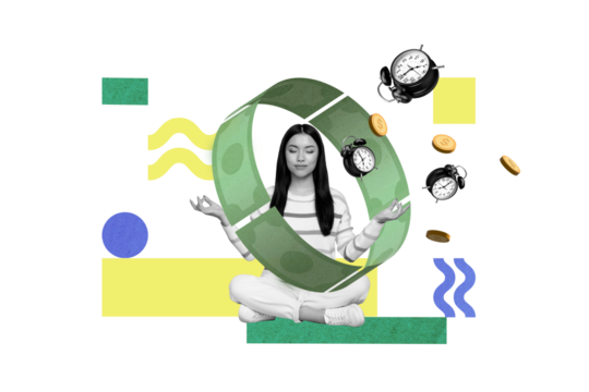 Creative collage picture of mini black white colors girl meditate flying bell ring clock money coins bills isolated on painted background