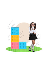 Composite collage picture image of curious interested little schoolgirl look wondered lego blocks have fun education study learning