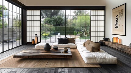 Modern Japanese Living Room Interior with Garden View - obrazy, fototapety, plakaty