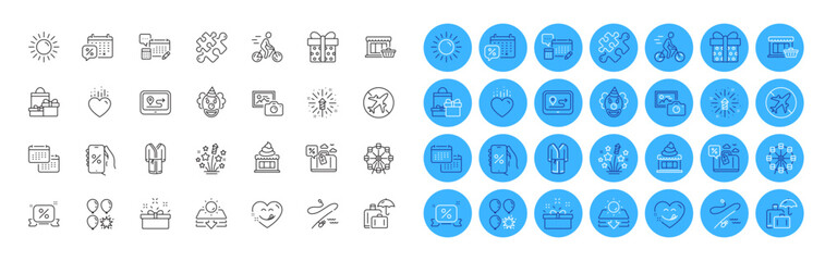 Sun protection, Photo camera and Yummy smile line icons pack. Present box, Fishing rod, Ice cream web icon. Discounts calendar, Gps, Airplane mode pictogram. Puzzle, Calendar, Balloon dart. Vector