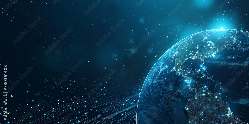 Poster a blue gradient background with a digital globe earth and circuit board elements, representing globa
