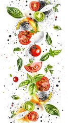 A realistic painting featuring fresh tomatoes and basil leaves arranged on a white background