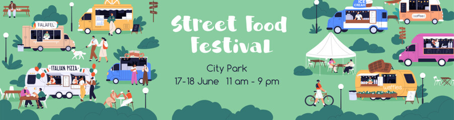 Street fast food festival banner. Outdoor fest promotion, summer holiday event with cafe trucks and tiny people in city park, wide horizontal background template design. Flat vector illustration