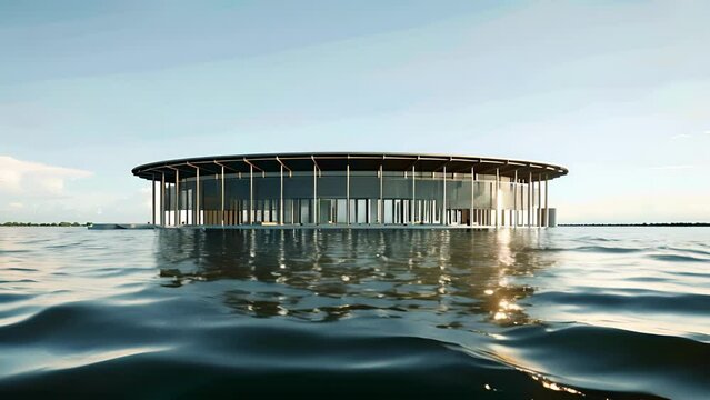 A stadium built on stilts elevating it above rising sea levels caused by climate change.