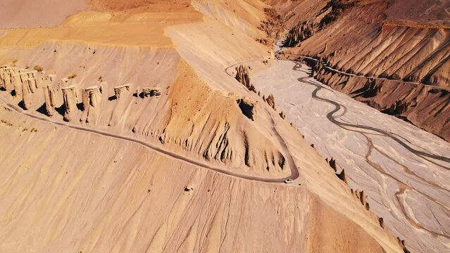 4k shot of road under the beautiful scenic Himalayan mountain cliffs at Spiti Valley, Himachal Pradesh, India. The steep canyons bordering the Spiti River. Geological rock formation from erosion.