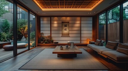 Modern Japanese living room with traditional design elements