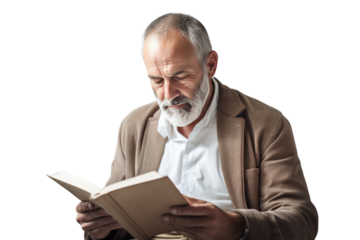 Middle-aged man reading a book. Peaceful, shady atmosphere.Isolated on transparent background.