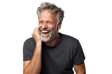 Middle-aged man making jokes Warm, relaxing atmosphere, Isolated on a transparent background.