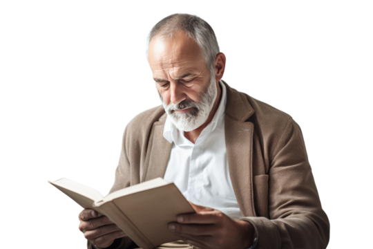 Middle-aged man reading a book. Peaceful, shady atmosphere.Isolated on transparent background.