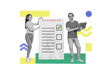 Creative composite collage of two business people coworking hold laptop questionnaire document choose successfully answer isolated on pink background