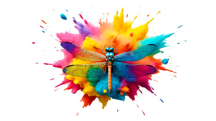 Multicolor powder paint explosion splashing a Dragonfly isolated on transparent background with splash. Dragonfly shaped dust explosion. holi paint Colorful powder paint explosion concept with animals
