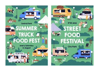 Summer street food festival, market posters. Outdoor holiday event with trucks and tiny people, inviting card, promotion flyer designs. City park fest, promo templates. Flat vector illustration - 780361825