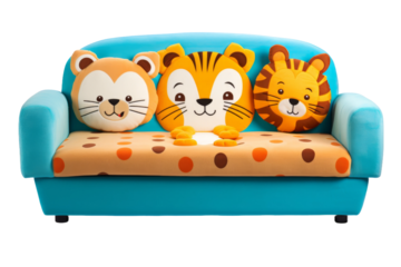 Blue Couch With Three Stuffed Animals. On a White or Clear Surface PNG Transparent Background.