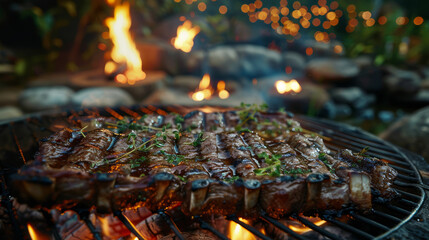 Grilled picanha with fresh herbs, in a barbecue in the backyard with rocking chairs and a quiet stream under the moonlight and a lit bonfire, under th - obrazy, fototapety, plakaty