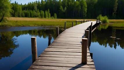 Naklejka premium The Wooden Bridge Overlooking the Pristine Lake, A Wooden Bridge Connecting Land and Water in the Forest, Exploring the Calm Waters from the Wooden Bridge, Walking the Wooden Bridge Amidst Nature's