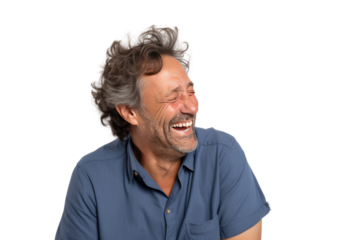 Middle-aged man making jokes Warm, relaxing atmosphere, Isolated on a transparent background.