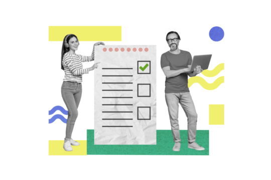 Creative composite collage of two business people coworking hold laptop questionnaire document choose successfully answer isolated on pink background