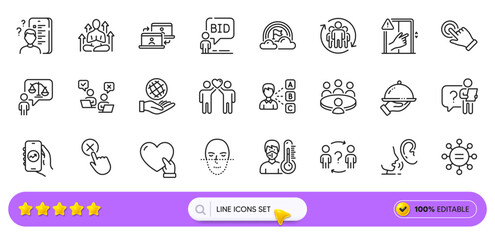 Dont touch, Whisper and Delegate question line icons for web app. Pack of Lawyer, Restaurant food, Search employee pictogram icons. Lgbt, Outsource work, Face recognition signs. Yoga. Vector