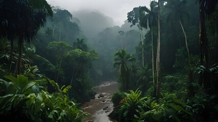 Exploring the Verdant Rainforest at Dawn, Tranquil Morning Scenes in the Rainforest, Morning Light Illuminating the Rainforest Canopy, Morning Walks Through the Serene Rainforest Landscape, Early Morn - obrazy, fototapety, plakaty