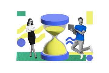 Creative business concept art banner collage of coworkers assistant lady folded hands sand hourglass with partner laptop isolated on pink background