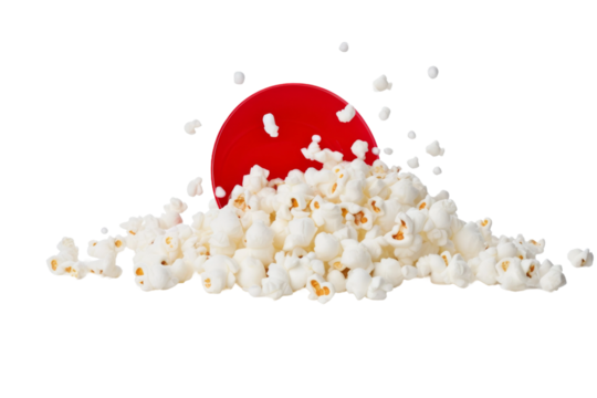 Pile of Popcorn on White Table. On a White or Clear Surface PNG Transparent Background.
