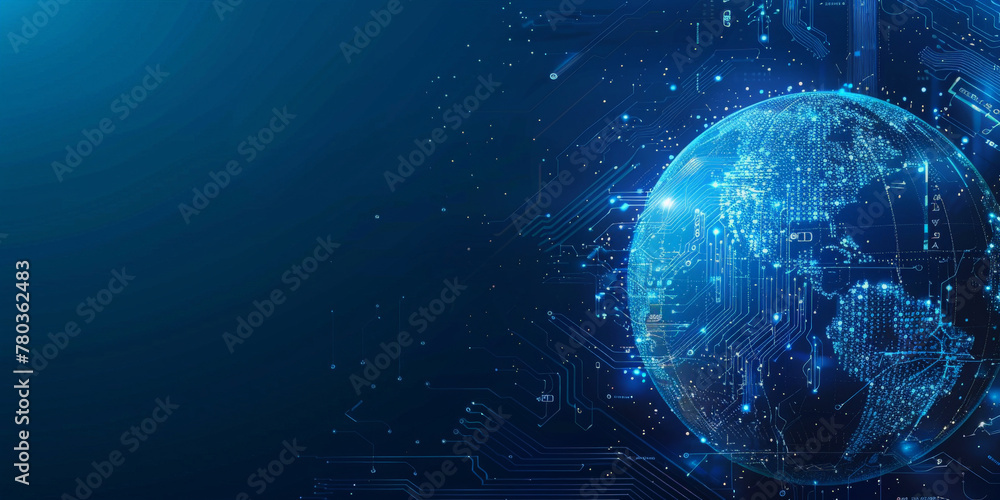 Poster a blue gradient background with a digital globe earth and circuit board elements, representing globa